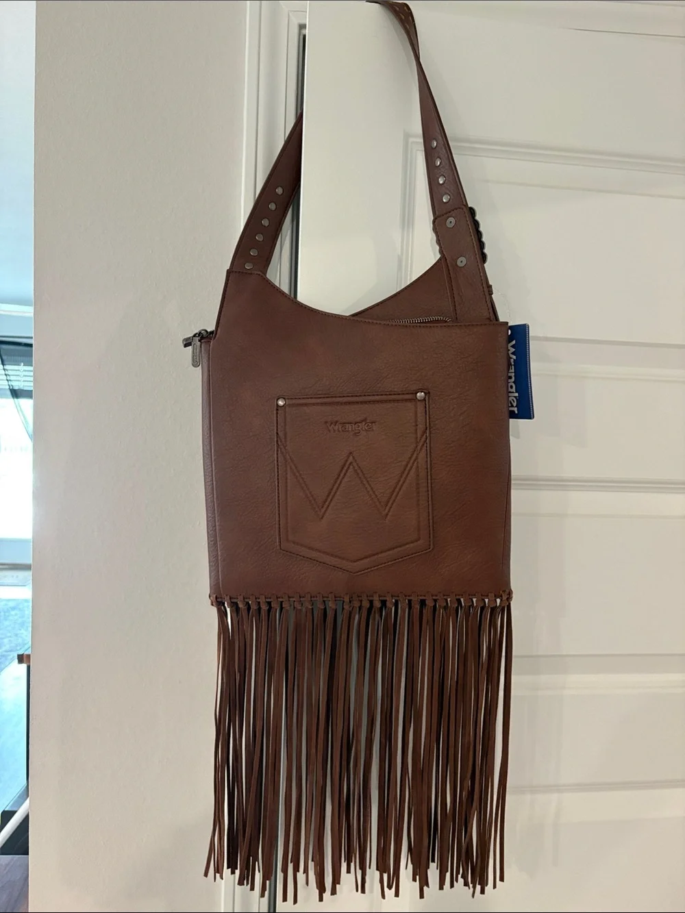 Wrangler Brown Leather Fringe Shoulder Bag with Studded Strap - Picture 2 of 4